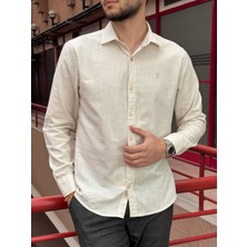 İnpool Erkek, Gömlek Yaka, Regular Fit, Pamuklu, Keten Dokuma, Old Money Culture, Nakış Detaylı Gömlek G10