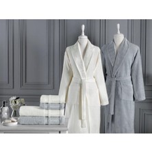 Özdilek Dory Aile Seti Krem - Gri Pamuk Materyalli Düz Desenli 2 Adet Bornoz ve Havlu Seti