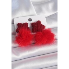 Çarşı Point Kırmızı Renk Tüylü Yıldız Ponpon Model Kadın Küpe