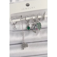 Çarşı Point Pirinç Gümüş Renk Sallantı Zirkon Taşlı Ağaç Figür Çoklu Kadın Küpe Seti