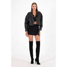 Oversize Beli Kemerli Crop Deri Ceket