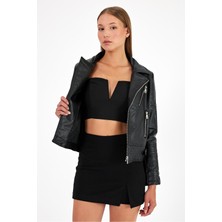 Kadın Kruvaze Yaka Spor Suni Deri Ceket