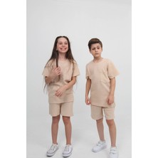 Perendi Waffle Dokulu Cepli Tshirt ve Şort Erkek Çocuk Takım Bej
