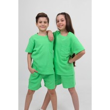Perendi Waffle Dokulu Cepli Tshirt ve Şort Erkek Çocuk Takım Yeşil