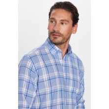 Tudors Erkek Regular Fit Klasik Kesim %100 Pamuk Keten Doku Tek Cep Kareli Düğmeli Yaka Gömlek