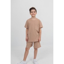 Perendi Waffle Dokulu Cepli Tshirt ve Şort Erkek Çocuk Takım Kahverengi