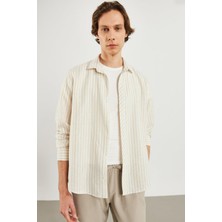 Erkek Steven Regular Fit Bej Çizgili Oxford Gömlek