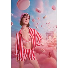 Penti Lilah Striped Pamuklu Gömlek Şort Kırmızı Pijama Takımı - Penti Loves Paris Koleksiyonu