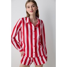 Penti Lilah Striped Pamuklu Gömlek Şort Kırmızı Pijama Takımı - Penti Loves Paris Koleksiyonu