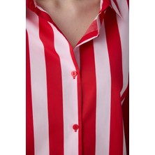 Penti Lilah Striped Pamuklu Gömlek Şort Kırmızı Pijama Takımı - Penti Loves Paris Koleksiyonu