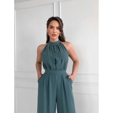 Esra Helvacı Çağla Yeşili Halter Yaka Uzun Tulum