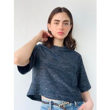 Retrobird Parlak Simli Crop Bluz Kadın Lacivert