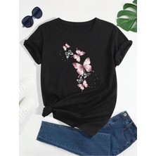 Uçuşan Kelebekler Baskılı Basic T-Shirt