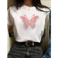 Medinenur Pembe Kelebek Detaylı Basic T-Shirt