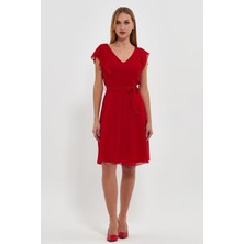 Şifon Ön Arka V Yaka Omuzlar Önden Arkaya Volanlı Kloş Mini Elbise