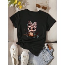 Sevimli Baykuş Baskılı Basic T-Shirt