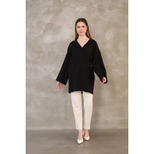 Yan Bağlamalı Atlas Tunik-Siyah