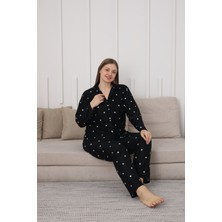 Tampap Gömlek Yaka Büyük Beden Kadın Süet Dokulu Kadın Alt Üst Pijama Takımı Yıldız