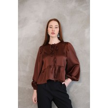 Yaka Biye Etek Büzgülü Tunik-Kahve