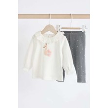 Next Baby Beyaz Gri Kuğu Desenli Uzun Kollu Taytlı Alt Üst Takım