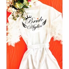 Bride By Victoria ( Isminizi Yazıyoruz) Gelin Sabahlığı Bride Sabahlık Kollar Tüylü ve Bride To Be Kuşak