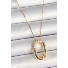 Ezo Concept 316L Çelik Gold Renk Zirkon Taşlı Oval Model Kadın Kolye