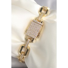 Clariss Pirinç Gold Renk Zirkon Taş Detaylı Kare Zincir Model Xuping Vıp Exculusive Seri Kadın Bileklik