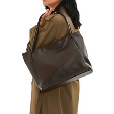 Kadın Kahverengi Çift Saplı Fermuarlı Shopper Çanta