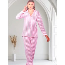 Alperi Önden Düğmeli Uzun Kol Kadın Pijama Takımı Pembe Çizgili