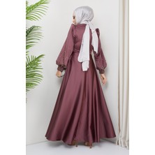 Olcay Önü ve Kolları Serpme Taş Detaylı Saten Abiye Elbise Gül Kurusu 1658