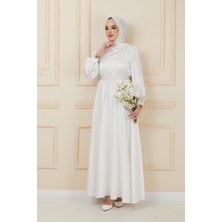 Olcay Kemer Aksesuarlı Kloş Abiye Elbise Ekru 1602