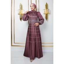 Olcay Önü ve Kolları Taş ve Pul Bezeli Kloş Saten Tesettür Abiye Elbise Gül Kurusu 1675