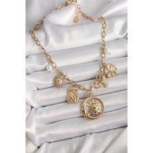 Lisinya 316L Çelik Gold Renk Halka Zincir Sallantı Ay Güneş Figür Kuş Detay Kadın Kolye - Lisinya