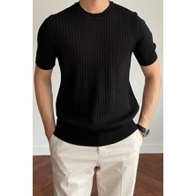 Cool Tarz Erkek Siyah Fitilli Slim Fit Bisiklet Yaka Triko T-Shirt