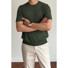 Cool Tarz Erkek Haki Fitilli Slim Fit Bisiklet Yaka Triko T-Shirt