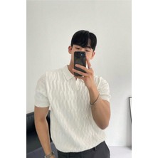 Tarz Cool Erkek Beyaz Ince Saç Örgülü Slim Fit Polo Yaka Triko T-Shirt