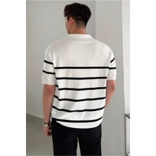 Tarz Cool Erkek Düğmeli Polo Yaka Çizgi Detaylı Slim Fit Triko T-Shirt
