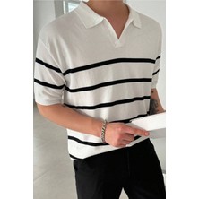 Tarz Cool Erkek Düğmeli Polo Yaka Çizgi Detaylı Slim Fit Triko T-Shirt