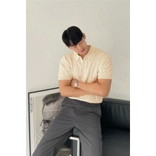 Tarz Cool Erkek Taş Ince Saç Örgülü Slim Fit Polo Yaka Triko T-Shirt