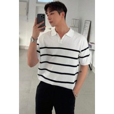 Tarz Cool Erkek Düğmeli Polo Yaka Çizgi Detaylı Slim Fit Triko T-Shirt