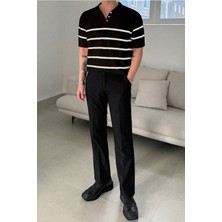 Tarz Cool Erkek Düğmeli Polo Yaka Çizgi Detaylı Slim Fit Triko T-Shirt