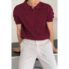 Tarz Cool Erkek Bordo Ince Saç Örgülü Slim Fit Polo Yaka Triko T-Shirt