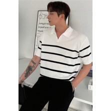 Tarz Cool Erkek Düğmeli Polo Yaka Çizgi Detaylı Slim Fit Triko T-Shirt
