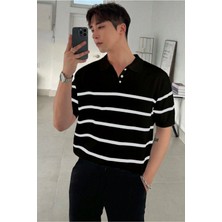 Tarz Cool Erkek Düğmeli Polo Yaka Çizgi Detaylı Slim Fit Triko T-Shirt