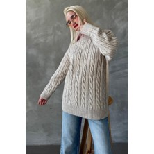 Madmext Bej Bisiklet Yaka Örgülü Triko Kazak Mg2336