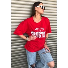 Woodroffe Houston Baskılı Kadın / Kız Oversize Kırmızı Salas T-Shirt Boyfriend