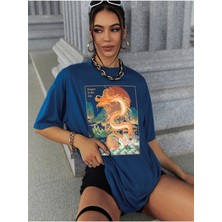 Woodroffe Kadın / Kız Saks Oversize T-Shirt Dragon Baskılı