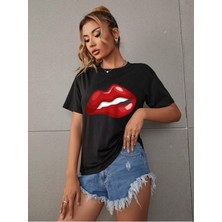 Woodroffe Red Lip Baskılı Kadın / Kız Oversize Kırmızı Salas T-Shirt Boyfriend