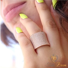 Zirkon Taşlı Kadın Geniş Gümüş Yüzük Rose Gold