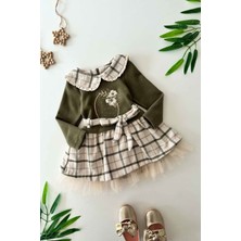 Miniğimin Cicileri Ekose Bebe Yaka Çiçek Nakış Detaylı Tüllü Kız çocuk elbise - Haki